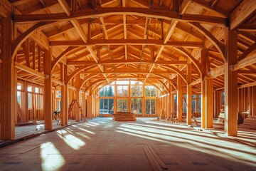 Naklejka premium Elegant wooden interior of a spacious construction site bathed in sunlight