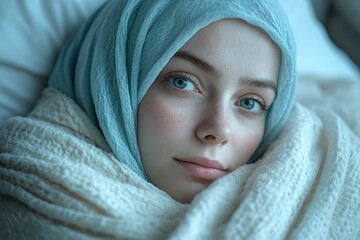 Close-up Portrait of a Woman Lying in a Hospital Bed, Calm and Reflective Expression