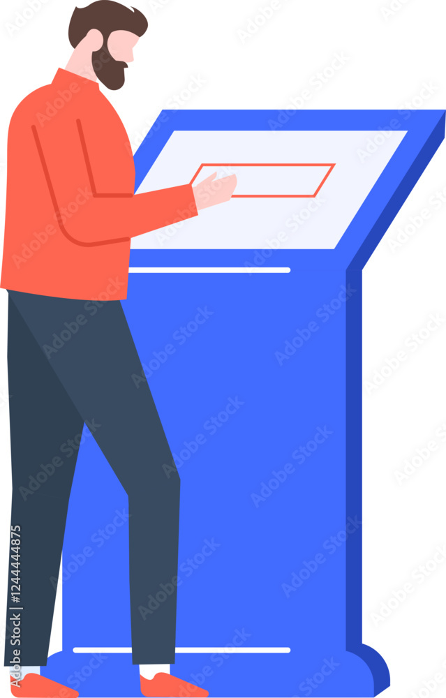Poster bearded man using self service interactive touchscreen information kiosk terminal, accessing informa