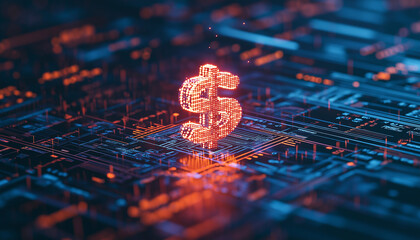 Leuchtendes Dollarzeichen auf digitalem Hintergrund

