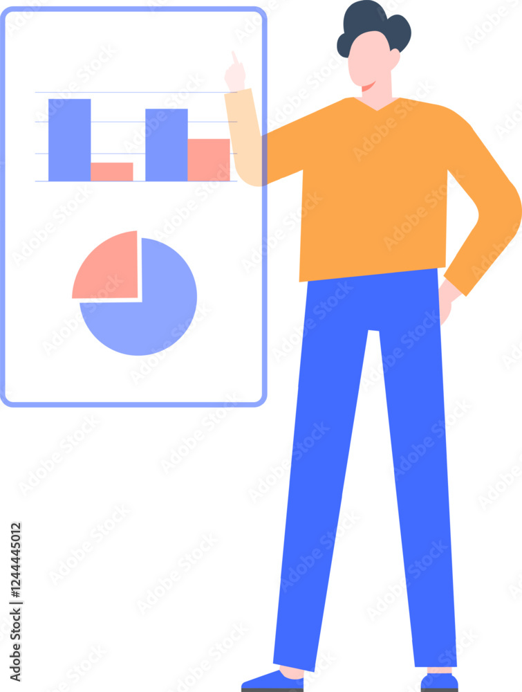 Poster businessman showing bar graph and pie chart, presenting financial report, analyzing statistical data