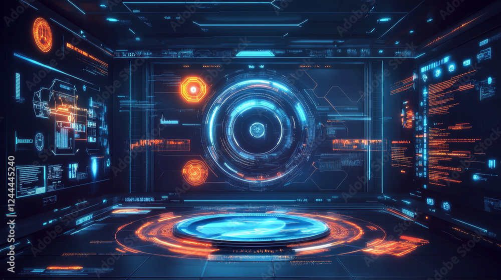 Poster hud cyberpunk futuristic circular virtual portals and teleport hologram, vector interface. hud or cy