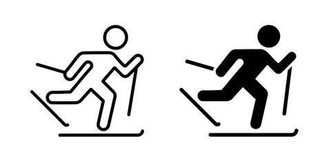 Ski man icon. Skier stick figure silhouette vector illustration. Skiing competition sign. Winter activity symbol. Mountain downhill sliding person with ski and sticks pictogram. Sport activity concept
