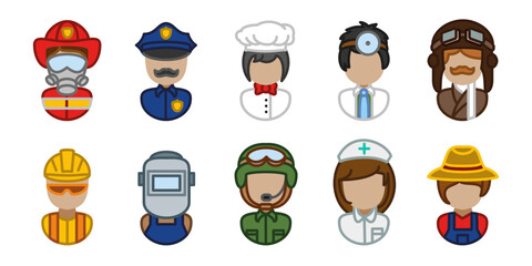 Occupation characters colored icon set. Profession people colorful vector illustrations. Job uniform cartoon characters. Professional career person. Fireman, police officer, chef, doctor, engineer.