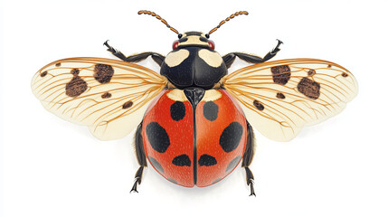 Cute little red spotted cartoon ladybug icon logo with her elytra slightly open showing a striped abdomen, vector illustration isolated on white