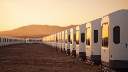 Obraz premium A row of white train cars is illuminated by a warm sunset, set against a backdrop of mountains, creating a serene and expansive desert landscape.