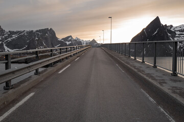 Mountain road and sunset in Norway. 