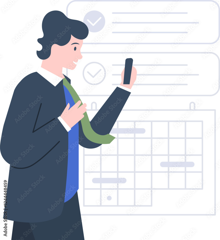 Poster businessman is using a smartphone, managing his schedule with a calendar and checklist, ensuring eff