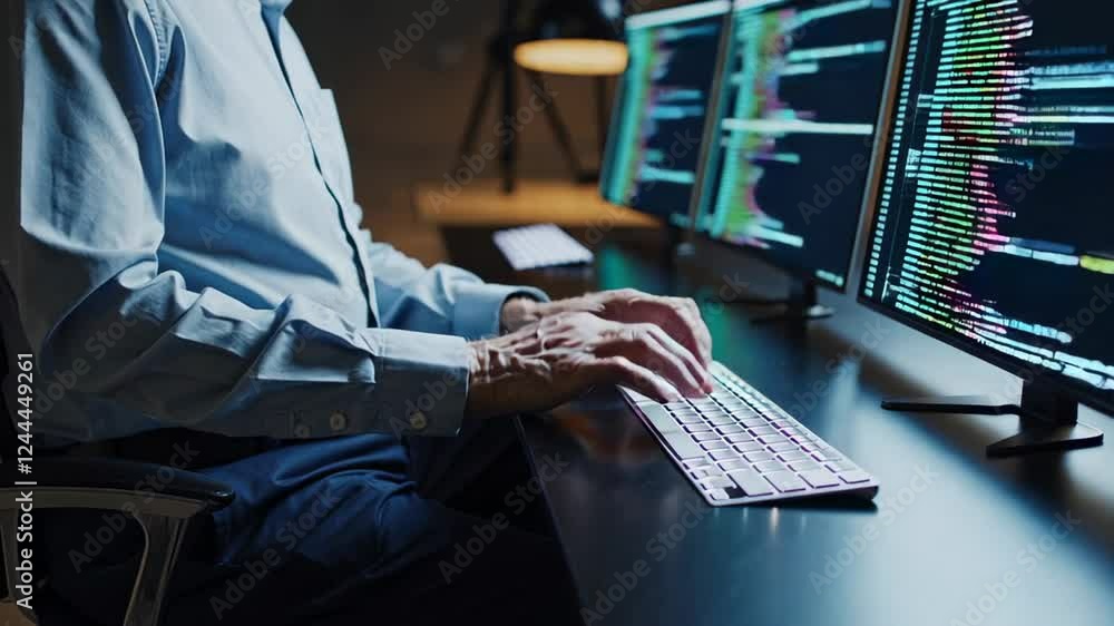 Aufkleber Senior software engineer writing complex code across multiple computer screens in dimly lit professional workspace, revealing focused technological workflow at slow motion pace