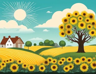 Fototapeta premium village scene with blooming sunflowers and tree countryside rural