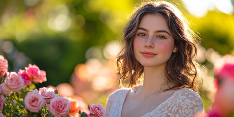 Fototapeta premium A young woman stands gracefully among blooming roses. Soft sunlight enhances her natural beauty. This portrait captures a serene moment in a garden setting. Ideal for romantic themes. AI