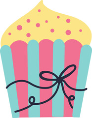 Creamy cupcake with yellow icing and pink sprinkles in a pink and light blue striped wrapper decorated, with a black bow is a sweet treat for any occasion..