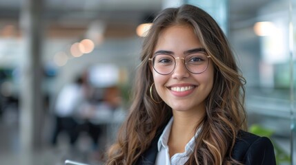 Obraz premium Businesswoman in formal wear, Hispanic, happily using her smartphone at her workstation