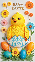 Happy Easter greeting card featuring a cute yellow chick, colorful eggs, and flowers in a decorative design