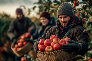 Fototapeta premium Harvesting apples at sunset in a picturesque orchard with dedicated workers