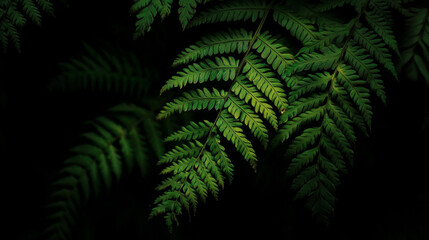 Fern Leaves in Close-up on a Black Background, Realistic