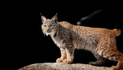 Striking Bobcat Lynx rufus Balanced on a Rocky Outcrop Amidst an Autumnal Landscape, Showcasing Power and Agility with a Backdrop of Amber and Umber Hues.