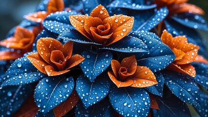 Stunning Orange Rose-Like Leaves and Blue leaves with Raindrops in a Serene Garden Setting – Nature’s Vibrant Beauty , unique blue and yellow flower after rain