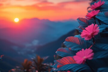 Colorful flowers and sunset create a vibrant landscape in the mountains