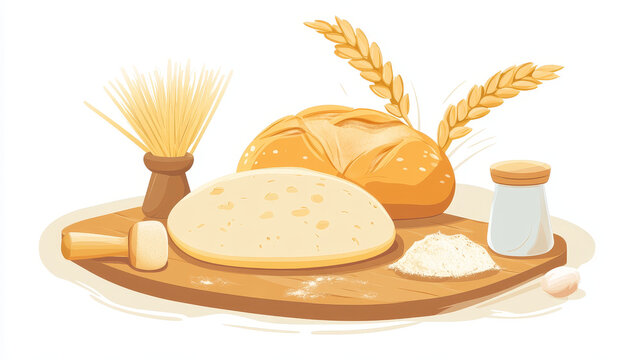 bread baking scene, wooden board, wheat, flour clip art preview