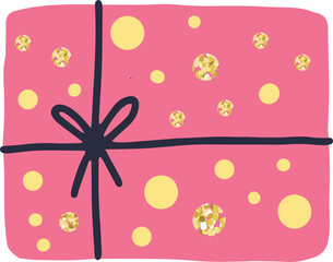 Pink gift box adorned with shimmering gold glitter and a dark ribbon, waiting to be unwrapped for a birthday or Christmas celebration, offering a festive surprise in a simple vector illustration