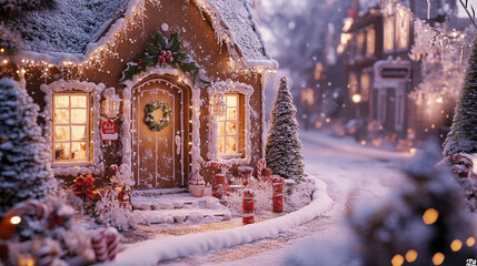 Christmas gingerbread house greeting card. Snowy street of Christmas town with gingerbread cookie home, decorated by sugar icing window and door, holly tree leaf and red berry. Xmas festive design