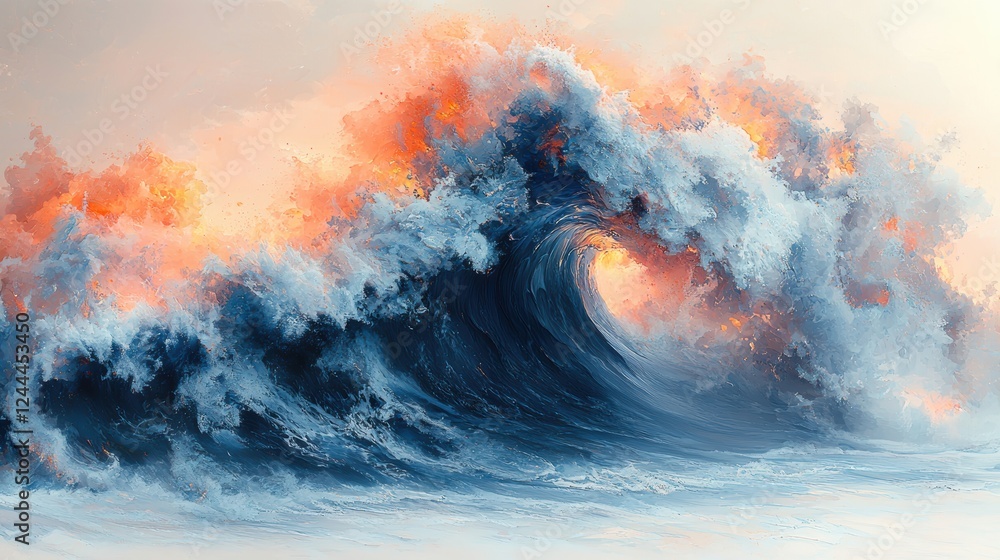 Poster a dramatic wave crashing with fiery colors and dynamic movement.