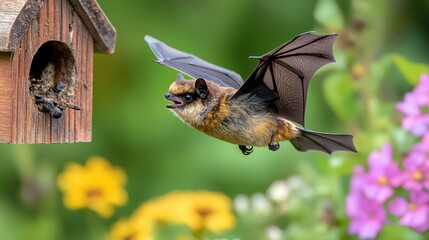 Bat flying near birdhouse, garden, insects