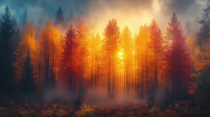 Obraz premium A vibrant autumn forest bathed in warm sunlight and mist.