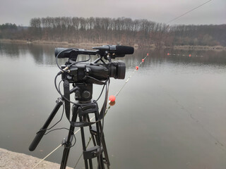 Professional Video Camera and Equipment on Location at the Lake