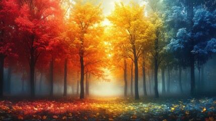 Fototapeta premium A vibrant autumn forest with colorful trees and a misty atmosphere.