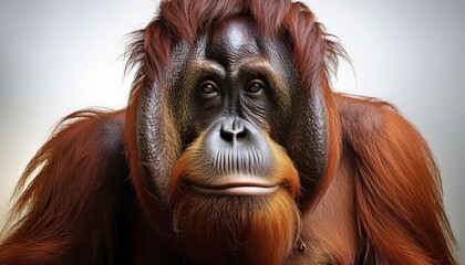 Majestic Bornean Orangutan Swinging through the Tropical Rainforest, Showcasing Reddish Fur and Expressive Brown Eyes amidst a Vibrant Canopy of Green Leaves in a Warm Sunlit Scene © netsay
