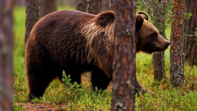 Brown bear walking in a coniferous forest