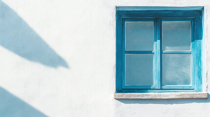 A charming blue window with rustic wooden frames set in a white wall with soft shadows creating a peaceful and Mediterranean aesthetic
