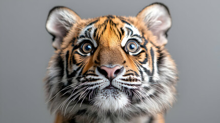 Fototapeta premium Curious tiger cub portrait, grey background, wildlife conservation