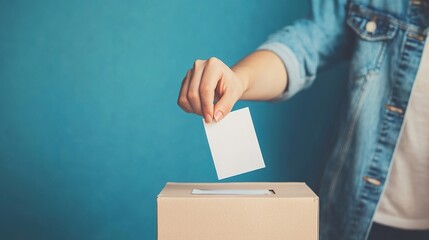 Anonymous person putting a vote in a ballot box against blue background
