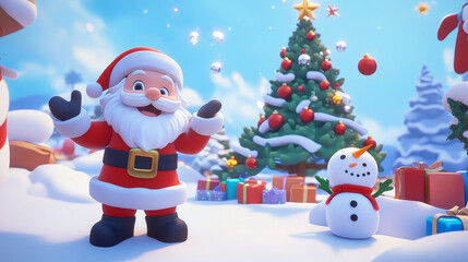 Santa and snowman with Christmas tree, bell and Xmas gifts, Winter Holidays party invitation vector design. Claus with red bag of New Year presents, ribbon bows and lights, candies, stars and balls