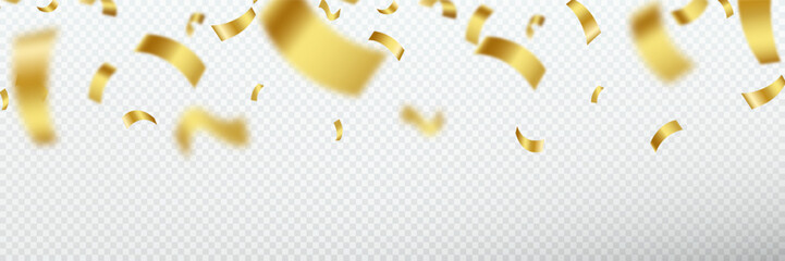 Gold confetti. Confetti celebration party background design, Falling shiny golden confetti isolated on transparent background, Celebration carnival ribbons