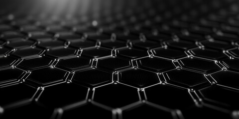 Obraz premium Network connection concept black background illustration. Futuristic hexagon perspective wide angle lanscape. Futuristic honeycomb concept. 3d landscape. Big data digital background. 