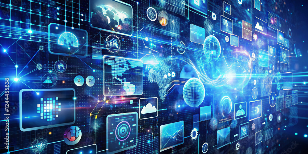 Poster dynamic visuals illustrate a futuristic digital landscape filled with interconnected graphics, data 