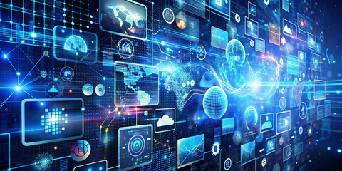 Obraz premium Dynamic visuals illustrate a futuristic digital landscape filled with interconnected graphics, data points, and glowing elements representing technology and innovation