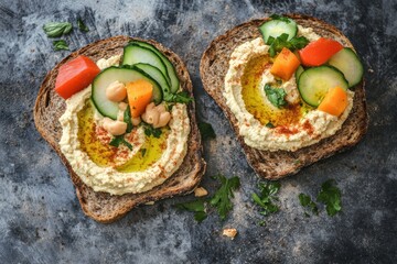 Rye bread toast topped with hummus and fresh vegetables looks inviting at a cozy breakfast table