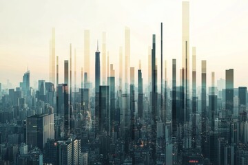 Fototapeta premium Futuristic city skyline with abstract geometric overlays at dusk