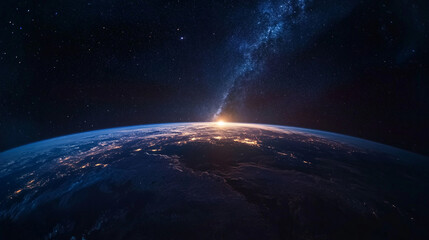 Stunning view of Earth from space with a glowing blue atmosphere, illuminated city lights showcasing global connectivity and scientific exploration