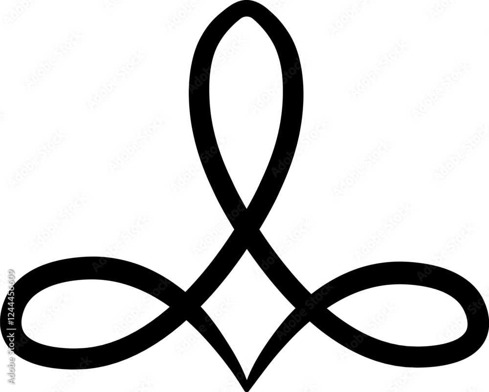 Poster continuous black lines creating an abstract intertwined symbol resembling a trefoil knot, isolated o