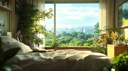 Cozy Hospital Room with Soft Blankets and a Window, Calm and Comfortable Atmosphere