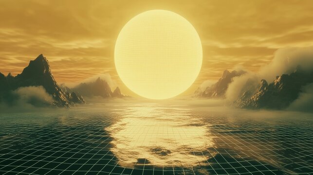 Retro Sci-Fi Background Futuristic Grid landscape of the 80s. Digital Cyber Surface. Suitable for design in the style of the 1980`s. 3D illustration