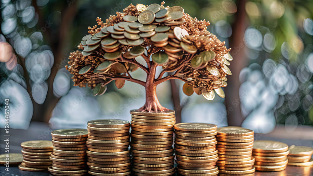 Poster a unique display features a tree crafted from coins, its branches adorned with shiny leaves, growing