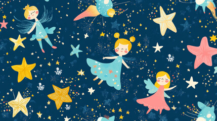 Cute kawaii stars and twinkle characters seamless pattern. Vector funny, whimsical and charming background with adorable celestial personages sparkles across the backdrop, textile, tile or wallpaper