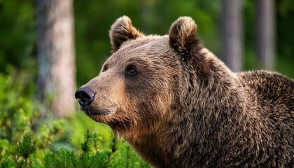 Obraz premium Majestic Brown Bear in Summer Forest Intimate Side Portrait with Verdant Background, Capturing the Power and Grace of Natures Apex Predator.